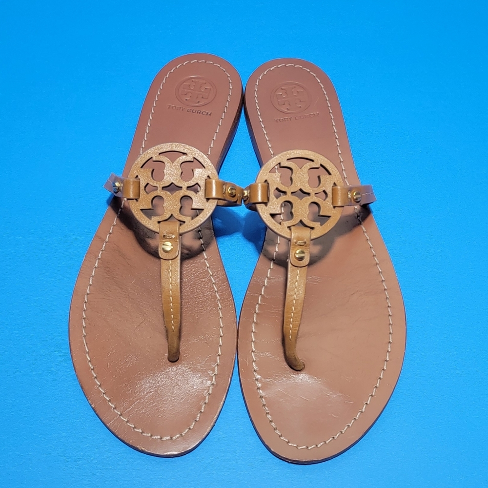 Tory Burch Miller Women Flat Thong Sandals  Tan Leather Size 8.5